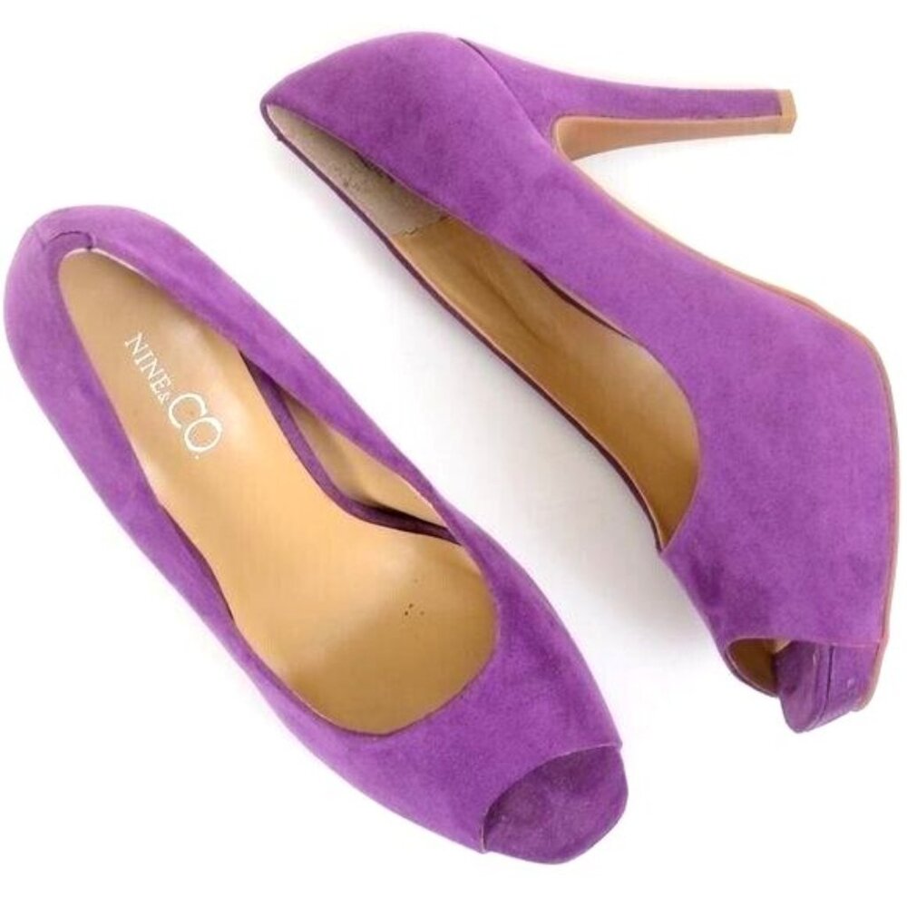 Nine & Co Bronte Size 8 Purple Suede Stilettos Peep Toe Pumps Slip On Heels
